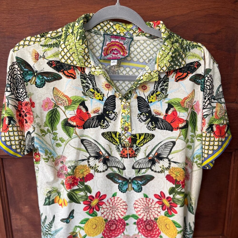 Johnny Was Happy Wings Polo Tee Butterfly Jersey T-Shirt Top XS